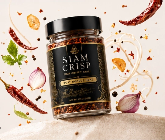 Siam Crisp crispy chili jar surrounded by Thai chili, herbs, shallot, garlic, and noodles
