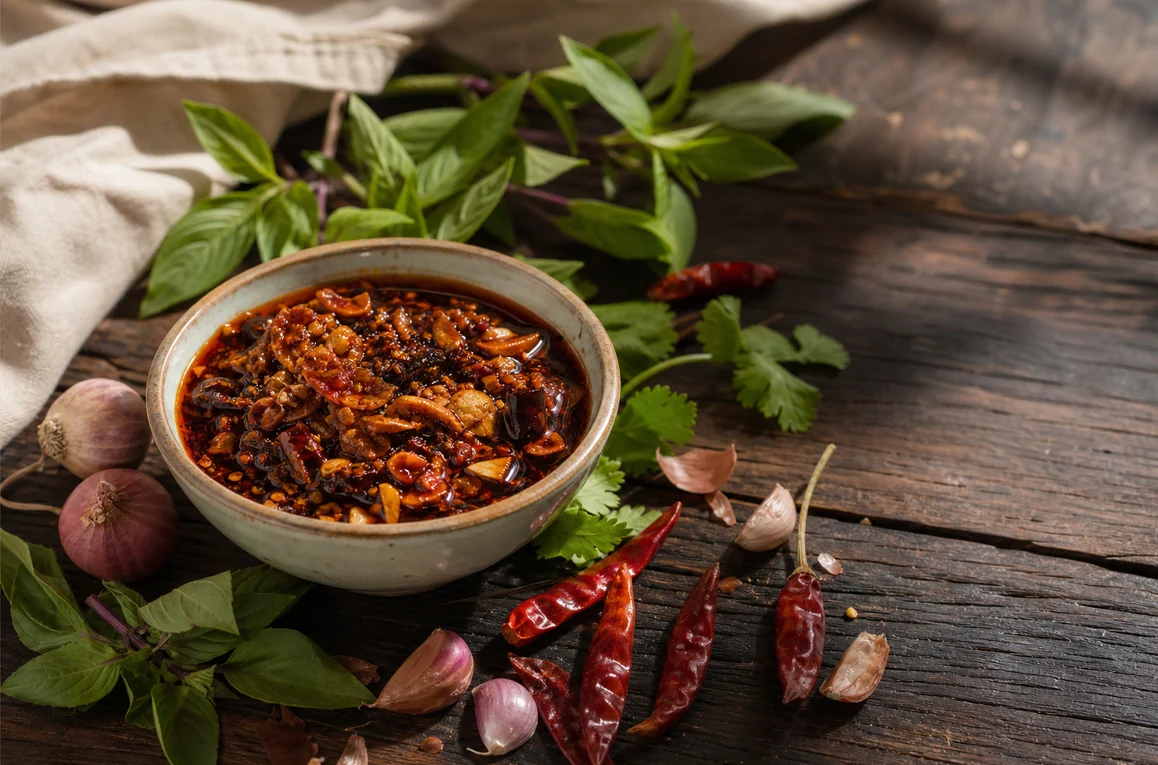 Realistic Thai crispy chili bowl with garlic, shallot, dried chili, and fresh herbs on a wooden table