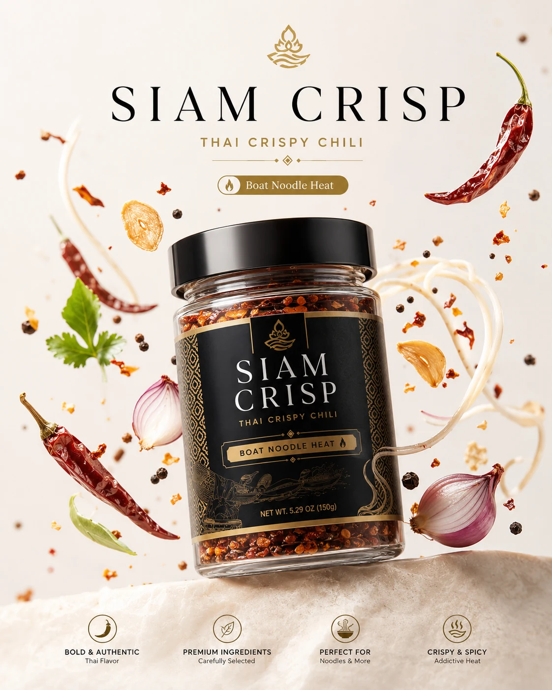 Siam Crisp Thai crispy chili jar with dried chili, garlic, shallot, herbs, and noodle garnish